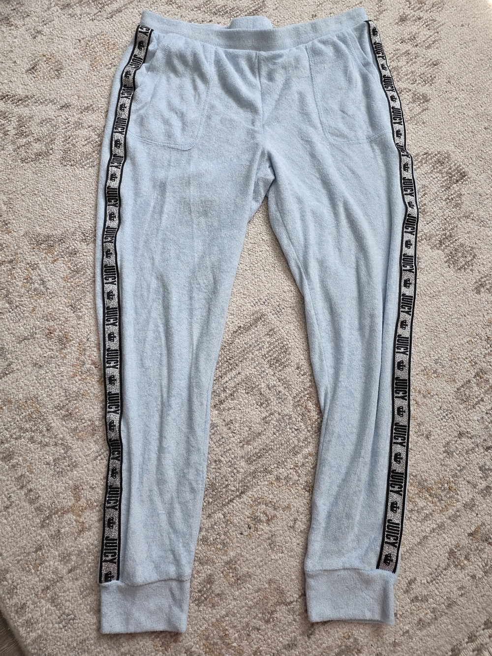Juicy Couture Light Blue Terry Track Pants with Black & White Logo Tape
